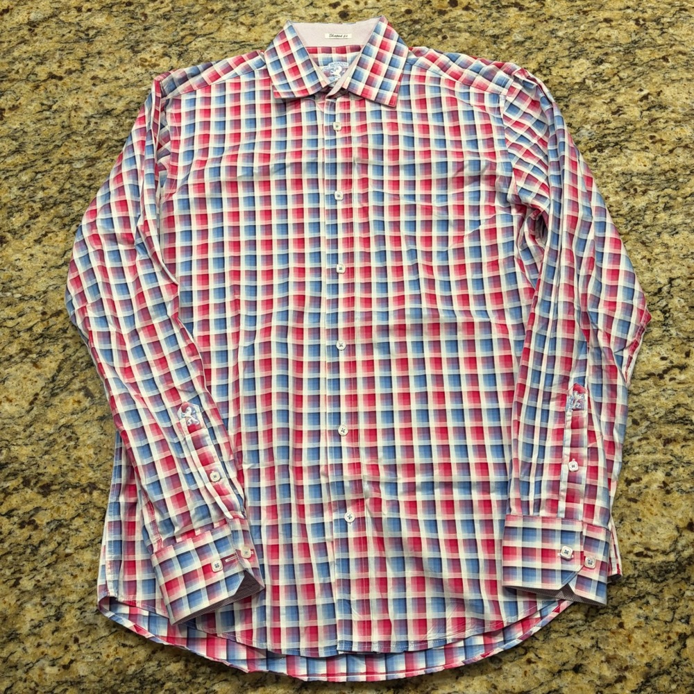 Bugatchi Uomo Mens Medium Shaped Fit Plaid Button Down Shirt Pink Blue White ws